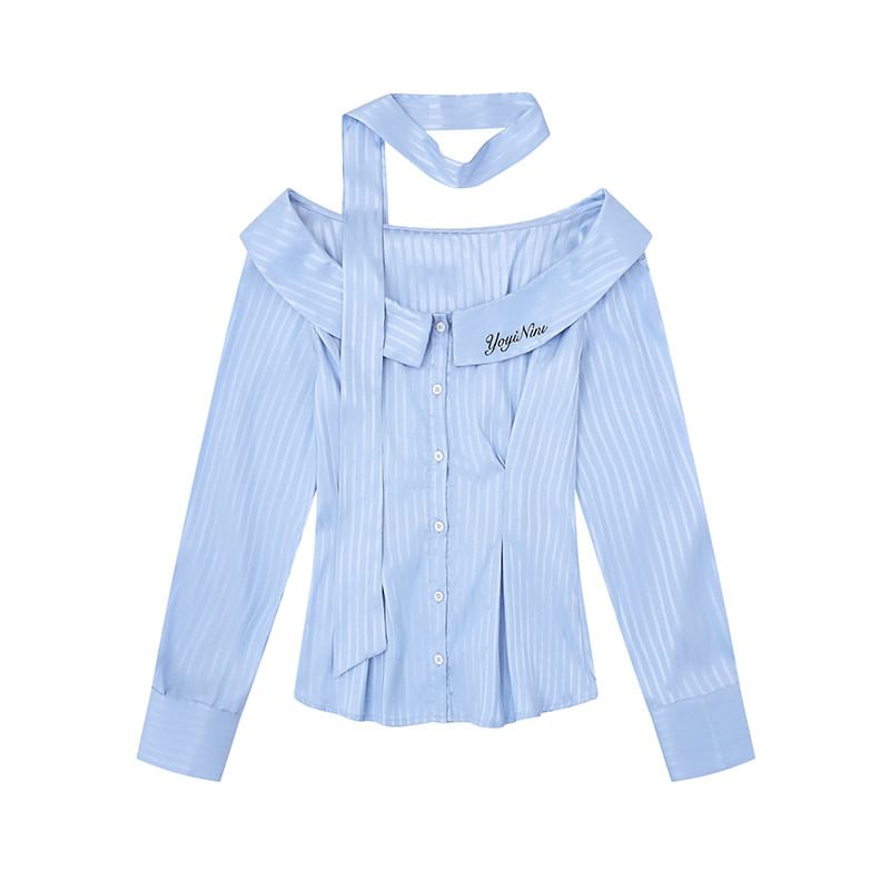 Long Sleeve Off Shoulder Collared Pinstriped Blouse