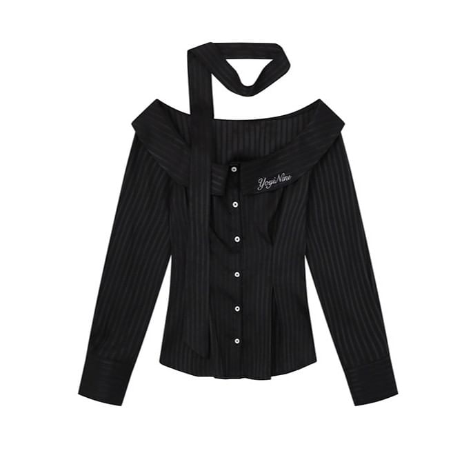 Long Sleeve Off Shoulder Collared Pinstriped Blouse