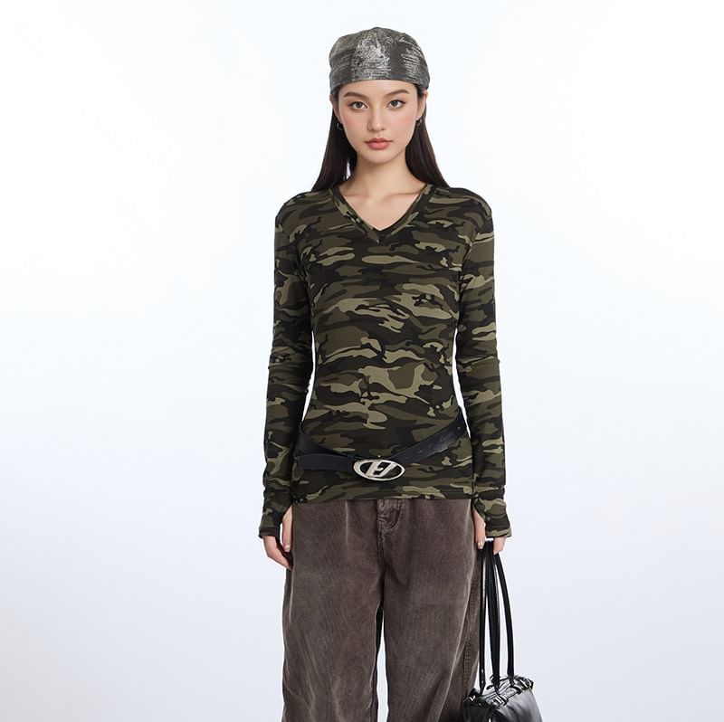 Long Sleeve V-Neck Camouflage Tee