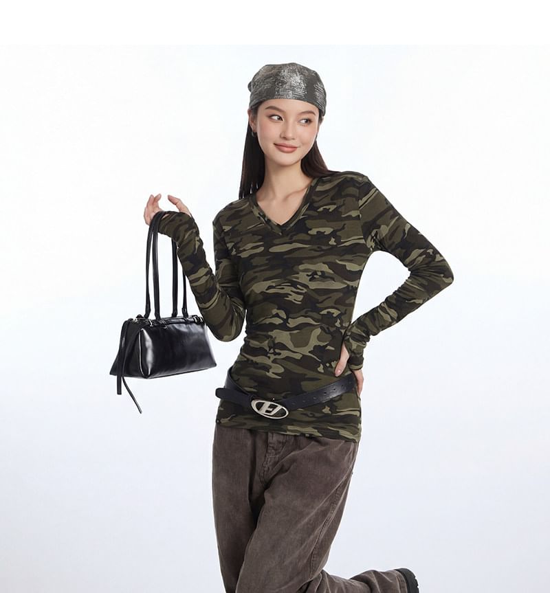 Long Sleeve V-Neck Camouflage Tee