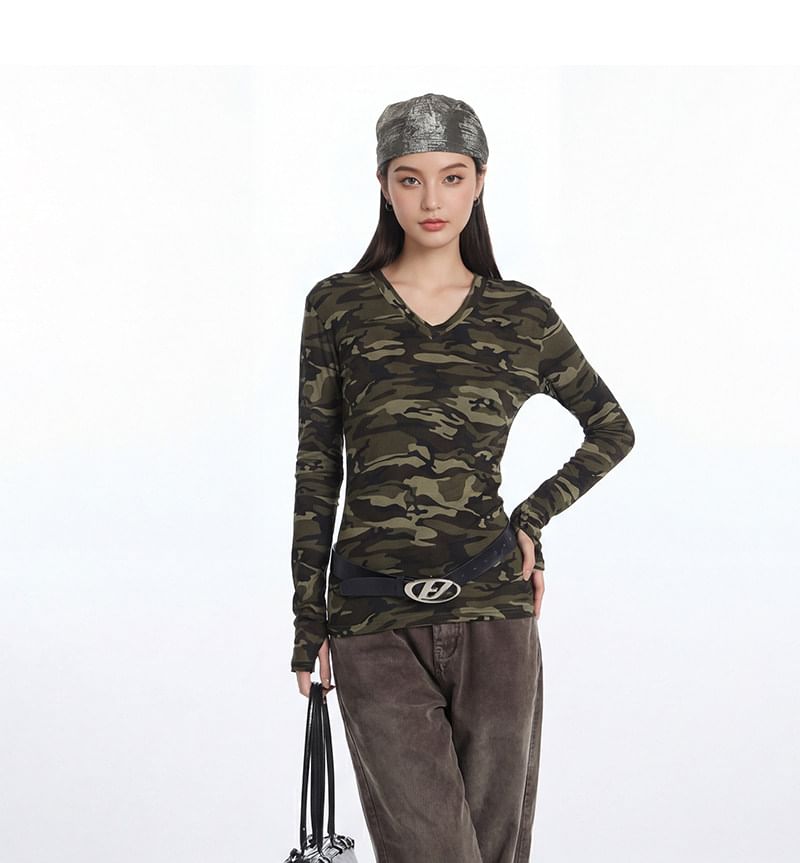 Long Sleeve V-Neck Camouflage Tee