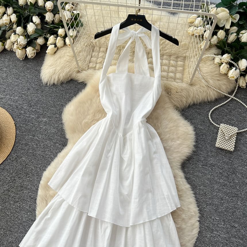 Sleeveless Plain Maxi A-Line Tiered Dress