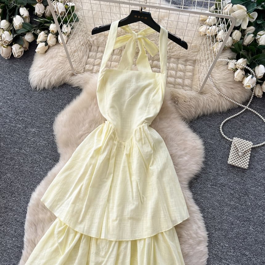 Sleeveless Plain Maxi A-Line Tiered Dress