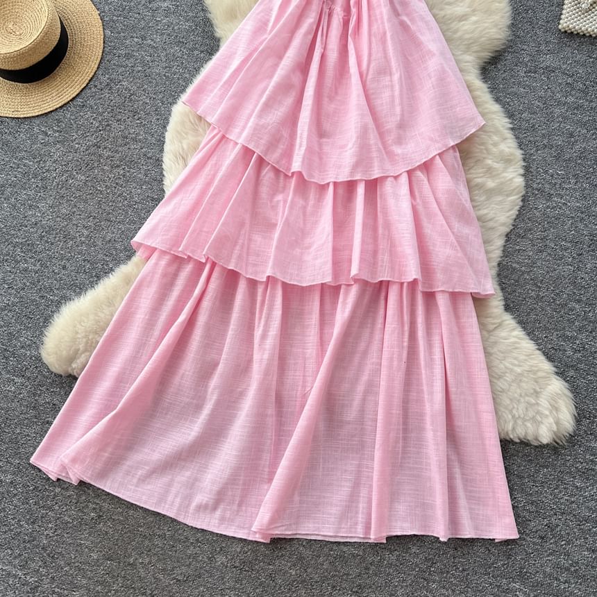 Sleeveless Plain Maxi A-Line Tiered Dress