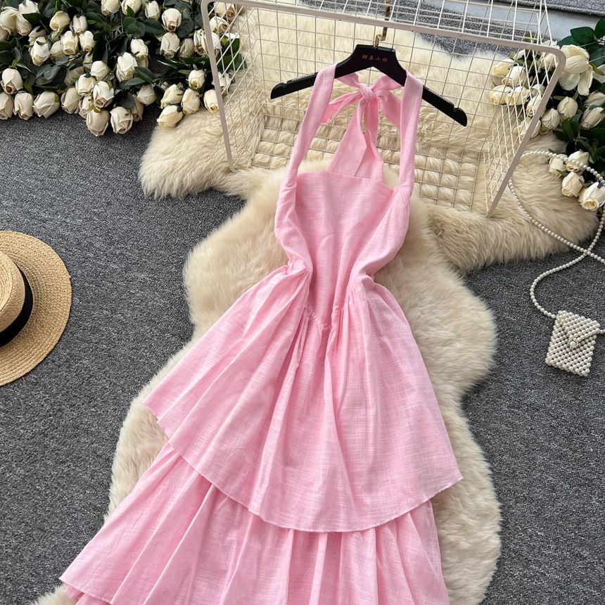 Sleeveless Plain Maxi A-Line Tiered Dress