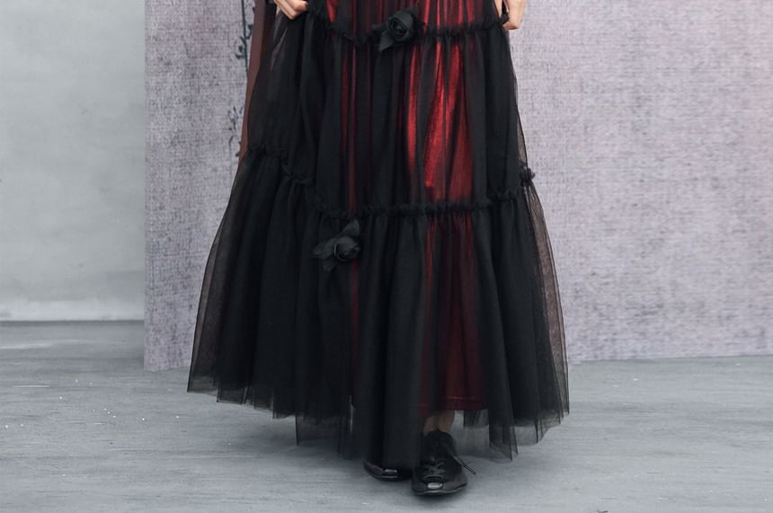 Mesh Overlay Ruffled Midi Skirt - Altfashion Shop