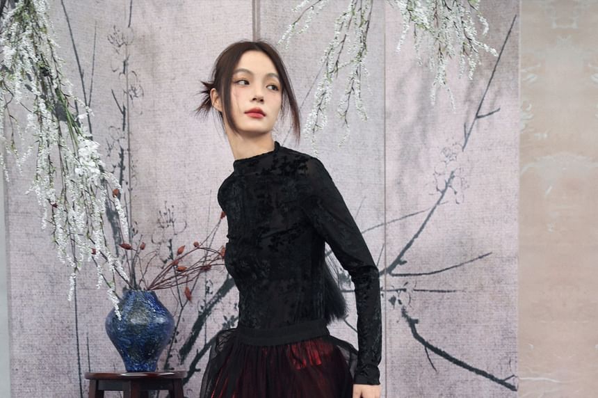 Mesh Overlay Ruffled Midi Skirt - Altfashion Shop