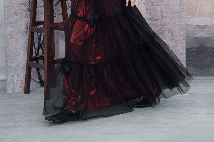 Mesh Overlay Ruffled Midi Skirt - Altfashion Shop
