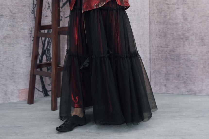 Mesh Overlay Ruffled Midi Skirt - Altfashion Shop