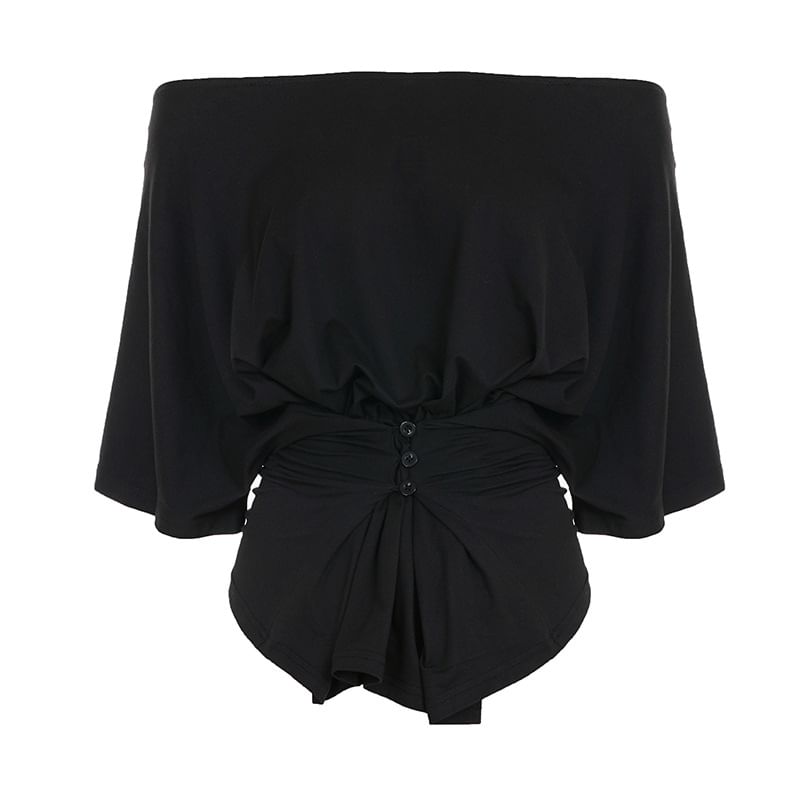 Dolman Sleeve Boat Neck Plain Button Detail Loose-Fit Tee