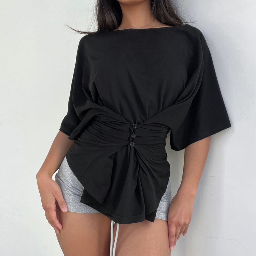 Dolman Sleeve Boat Neck Plain Button Detail Loose-Fit Tee