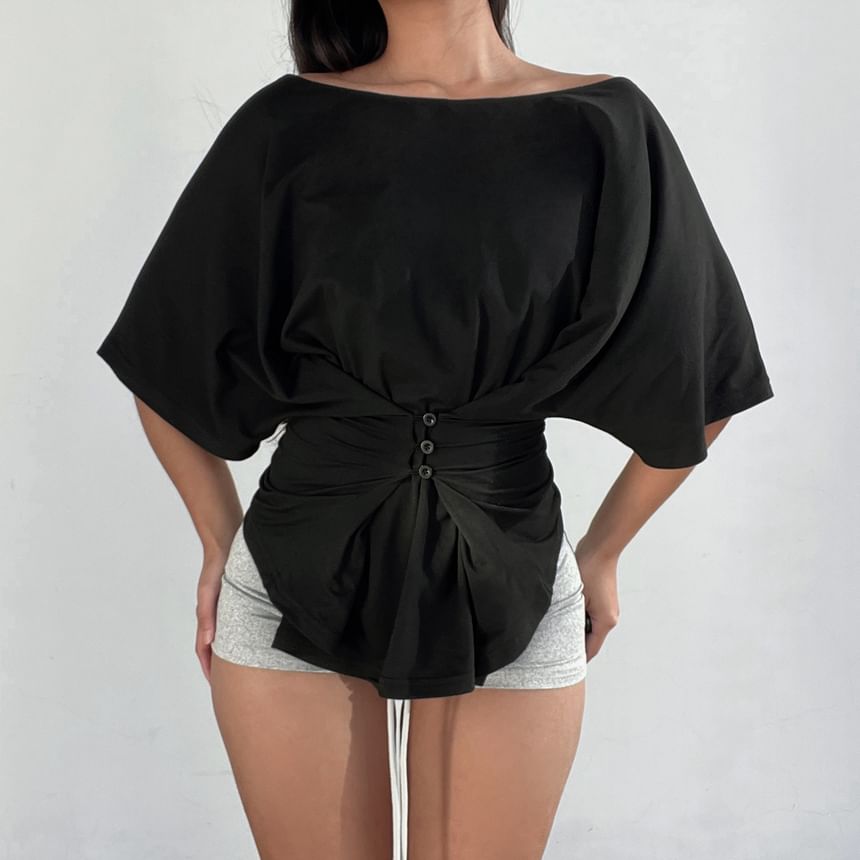 Dolman Sleeve Boat Neck Plain Button Detail Loose-Fit Tee
