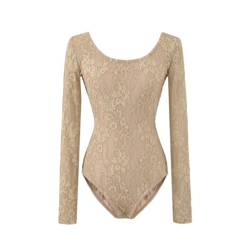 Long-Sleeve Scoop Neck Lace Bodysuit Top