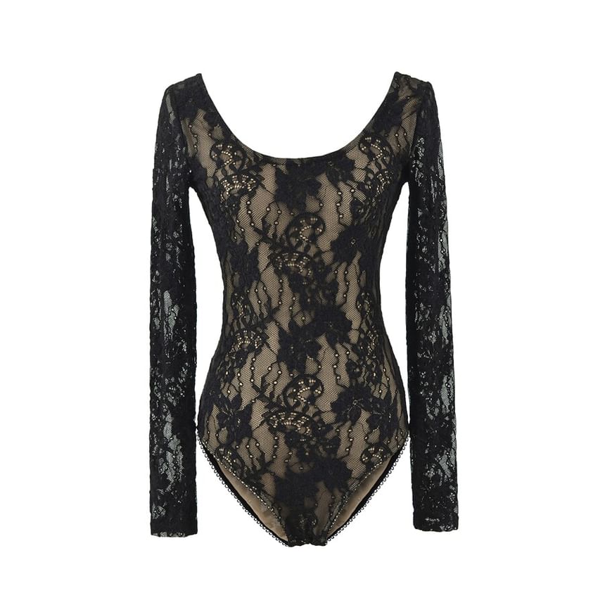 Long-Sleeve Scoop Neck Lace Bodysuit Top