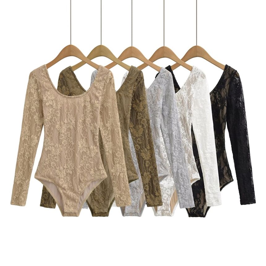 Long-Sleeve Scoop Neck Lace Bodysuit Top