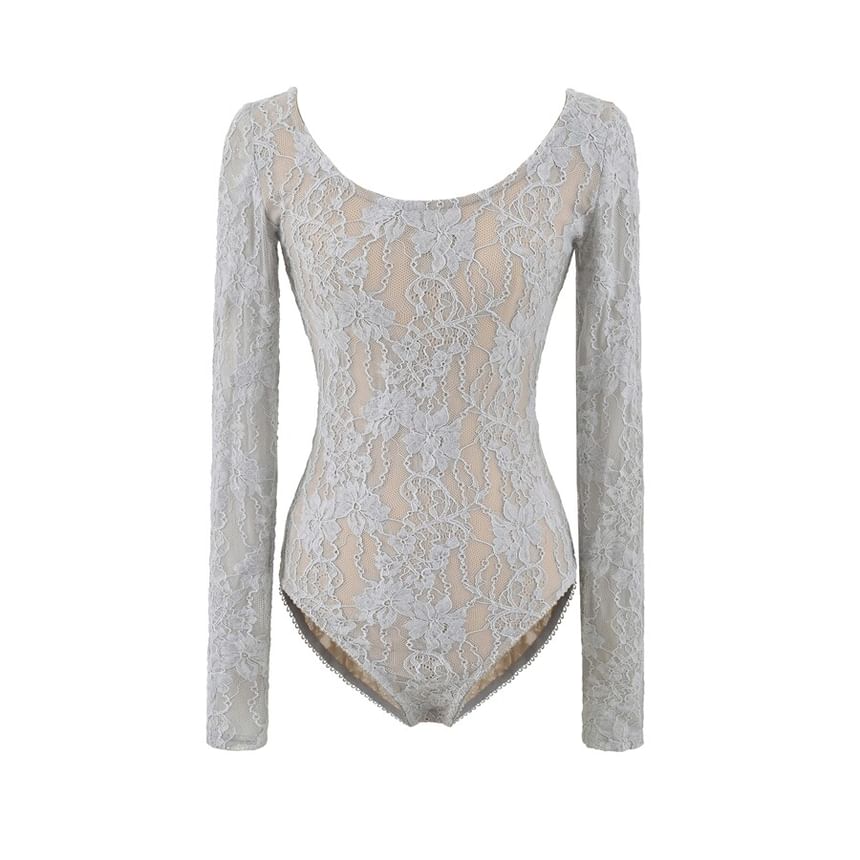 Long-Sleeve Scoop Neck Lace Bodysuit Top