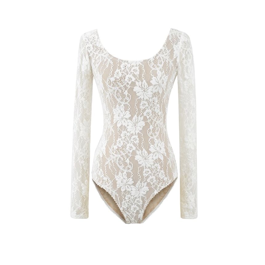 Long-Sleeve Scoop Neck Lace Bodysuit Top