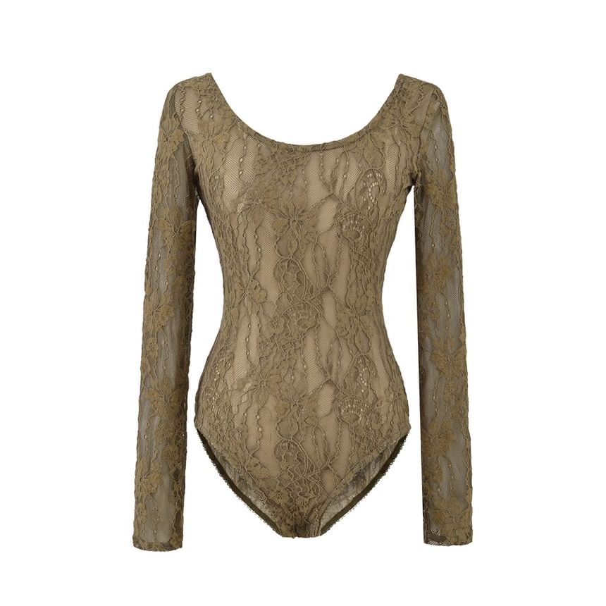 Long-Sleeve Scoop Neck Lace Bodysuit Top