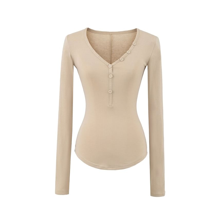 Long Sleeve V-Neck Plain Henley Shirt