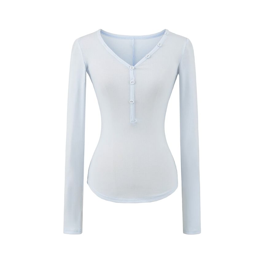 Long Sleeve V-Neck Plain Henley Shirt