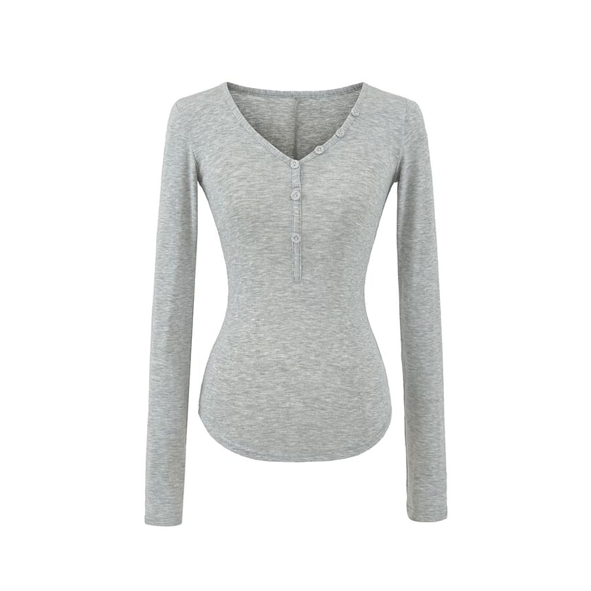 Long Sleeve V-Neck Plain Henley Shirt