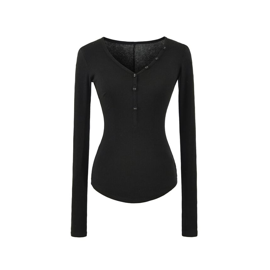 Long Sleeve V-Neck Plain Henley Shirt