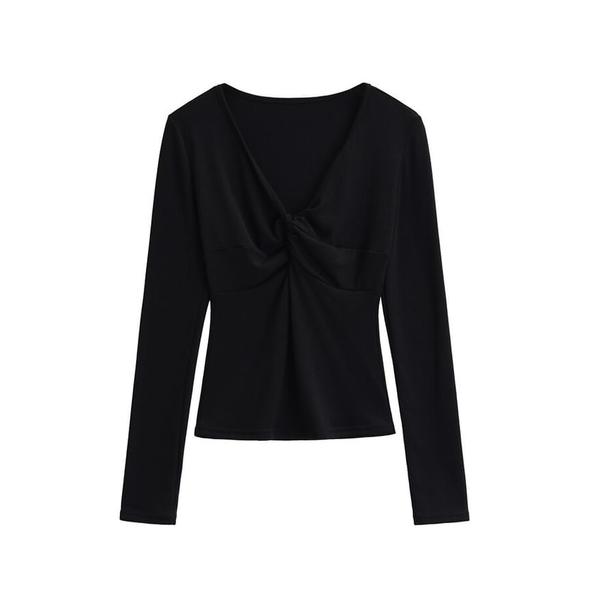 Long Sleeve V-Neck Plain Twist Front Tee