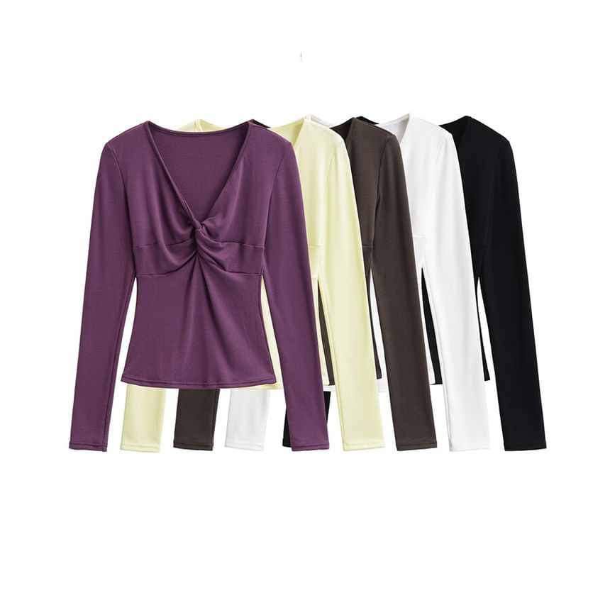 Long Sleeve V-Neck Plain Twist Front Tee