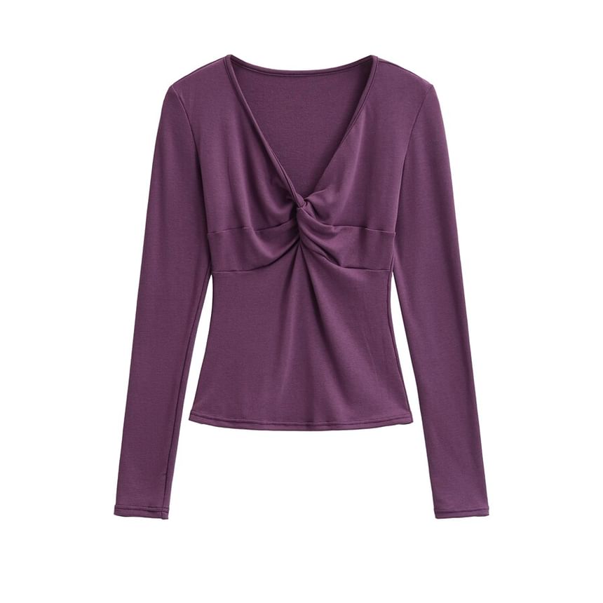 Long Sleeve V-Neck Plain Twist Front Tee