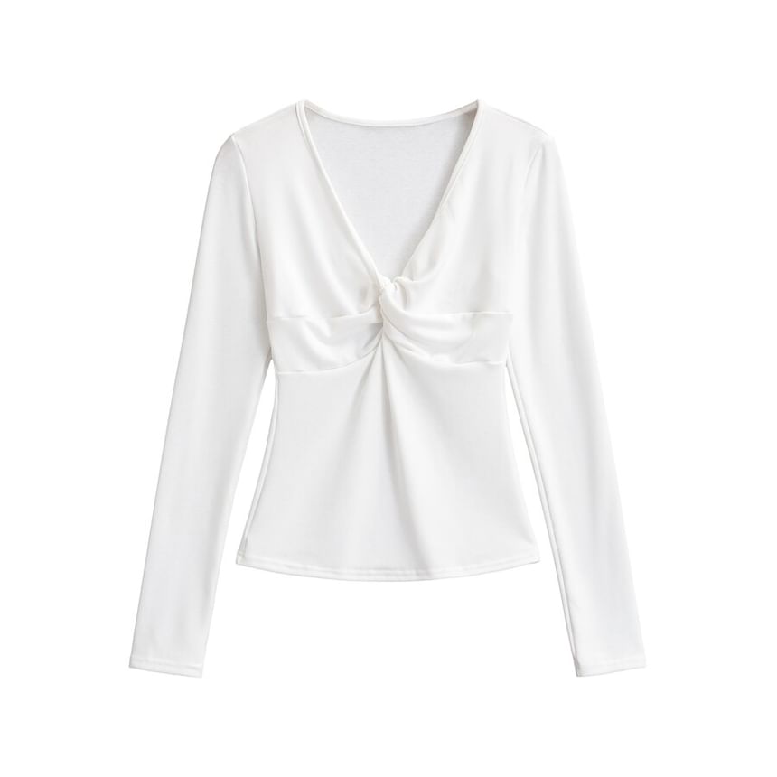 Long Sleeve V-Neck Plain Twist Front Tee
