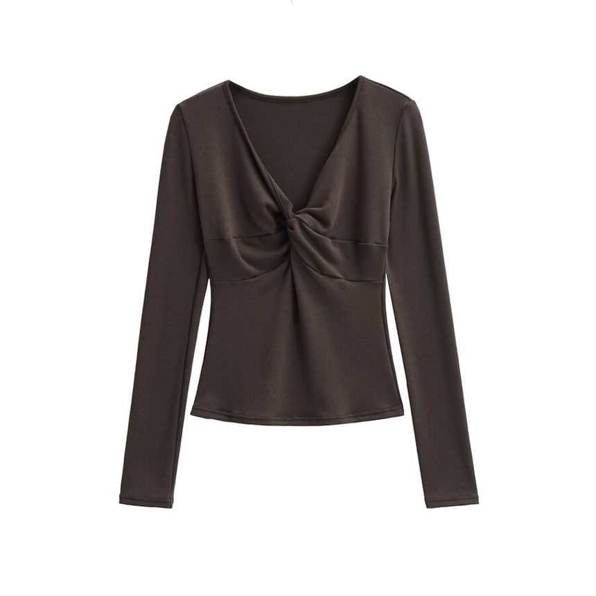 Long Sleeve V-Neck Plain Twist Front Tee