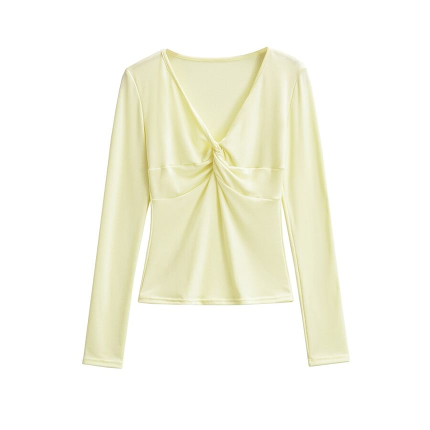 Long Sleeve V-Neck Plain Twist Front Tee