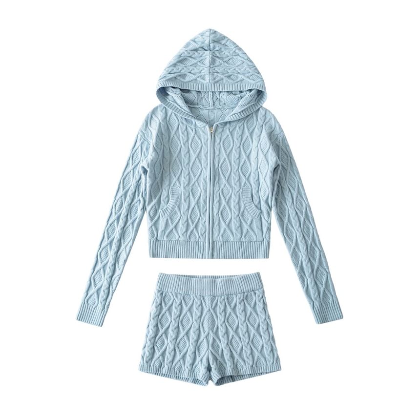 Hooded Plain Cable Knit Zip Cardigan / Mid Rise Plain Knit Shorts