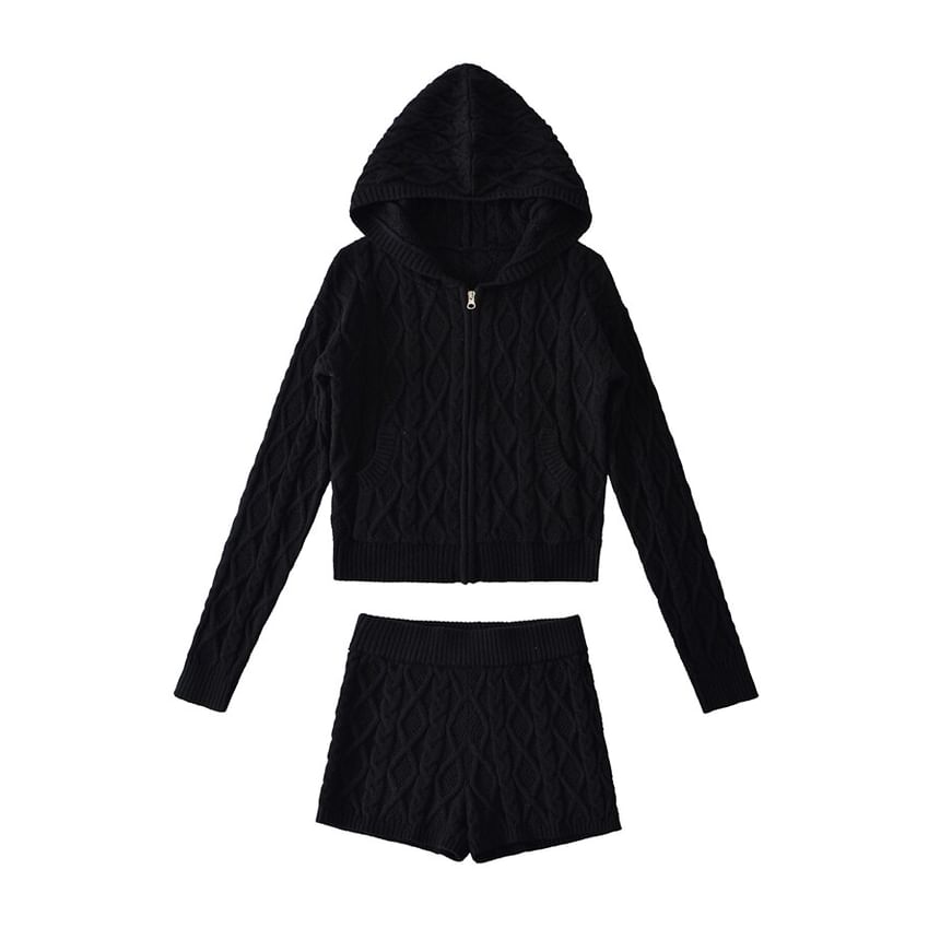 Hooded Plain Cable Knit Zip Cardigan / Mid Rise Plain Knit Shorts