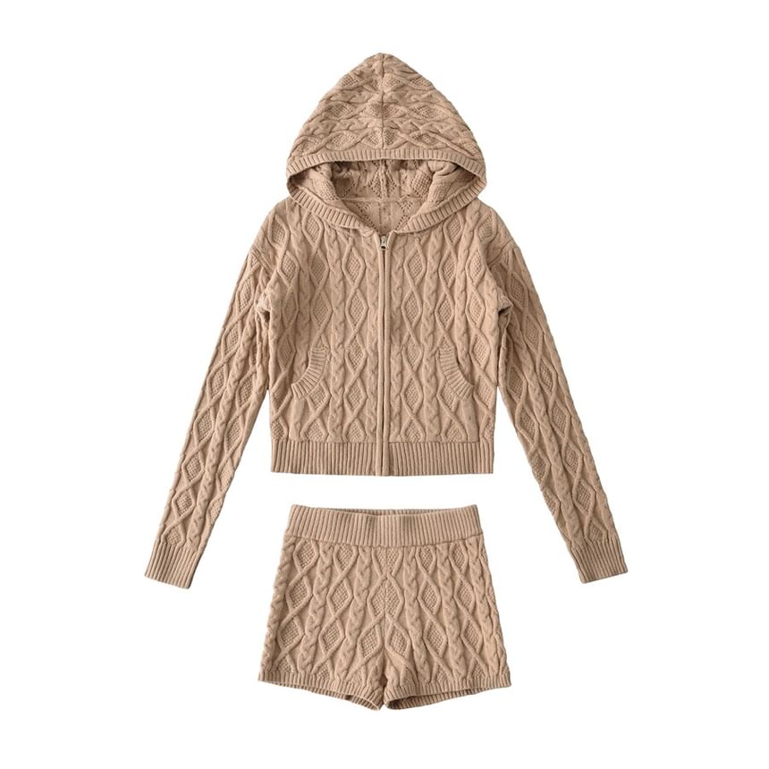 Hooded Plain Cable Knit Zip Cardigan / Mid Rise Plain Knit Shorts