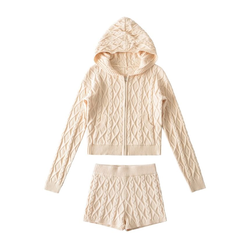 Hooded Plain Cable Knit Zip Cardigan / Mid Rise Plain Knit Shorts