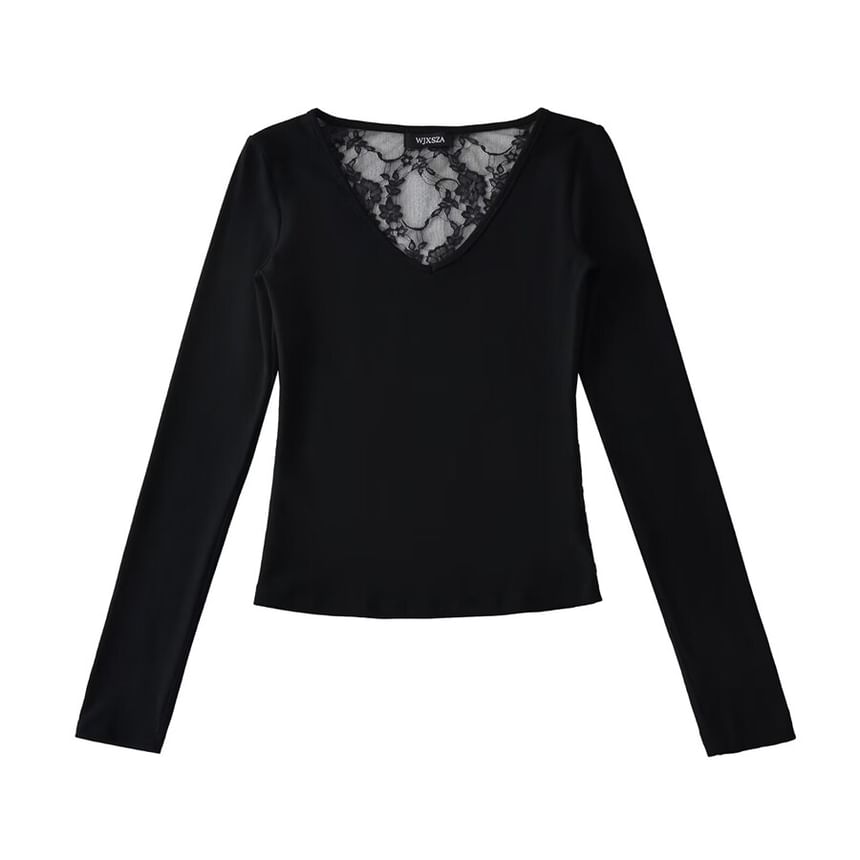 Long Sleeve V-Neck Plain Lace Panel Tee
