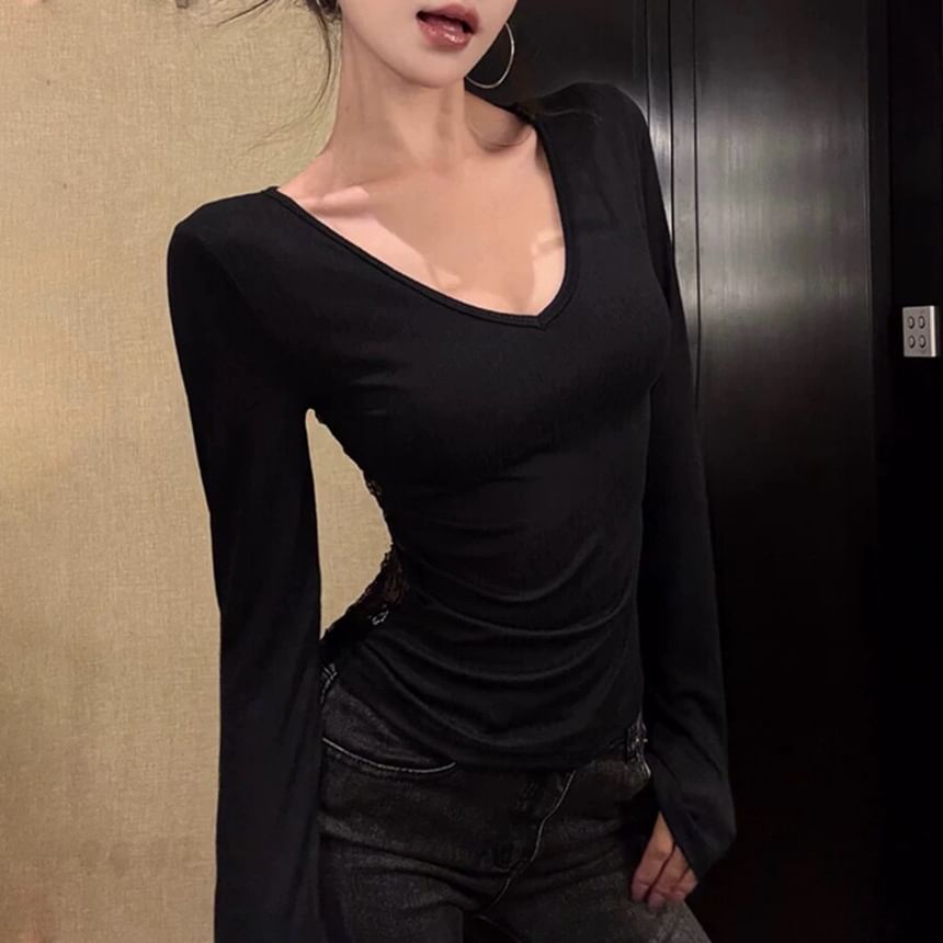 Long Sleeve V-Neck Plain Lace Panel Tee