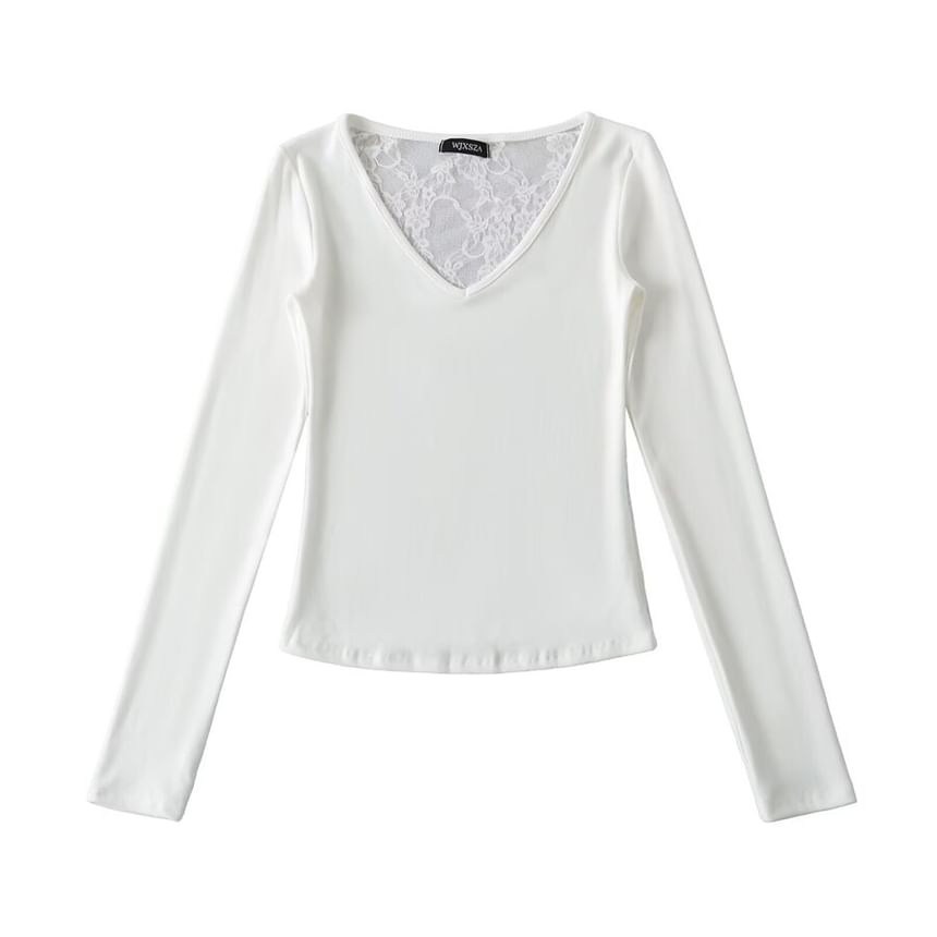 Long Sleeve V-Neck Plain Lace Panel Tee