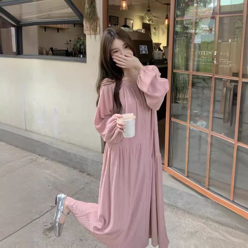 Round Neck Round Neck Plain Cutout Gathered Maxi A-Line Dress