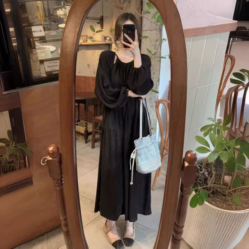 Round Neck Round Neck Plain Cutout Gathered Maxi A-Line Dress