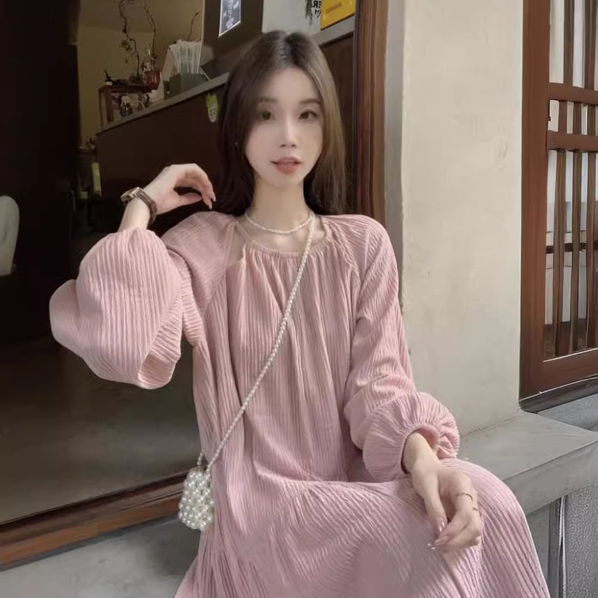 Round Neck Round Neck Plain Cutout Gathered Maxi A-Line Dress