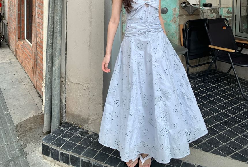 Sleeveless V-Neck Plain Pointelle Maxi A-Line Dress
