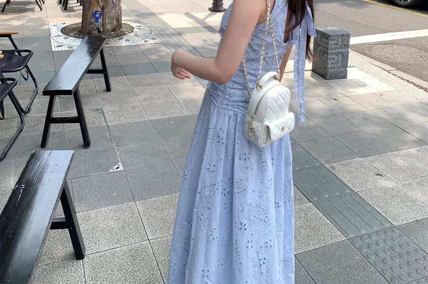 Sleeveless V-Neck Plain Pointelle Maxi A-Line Dress