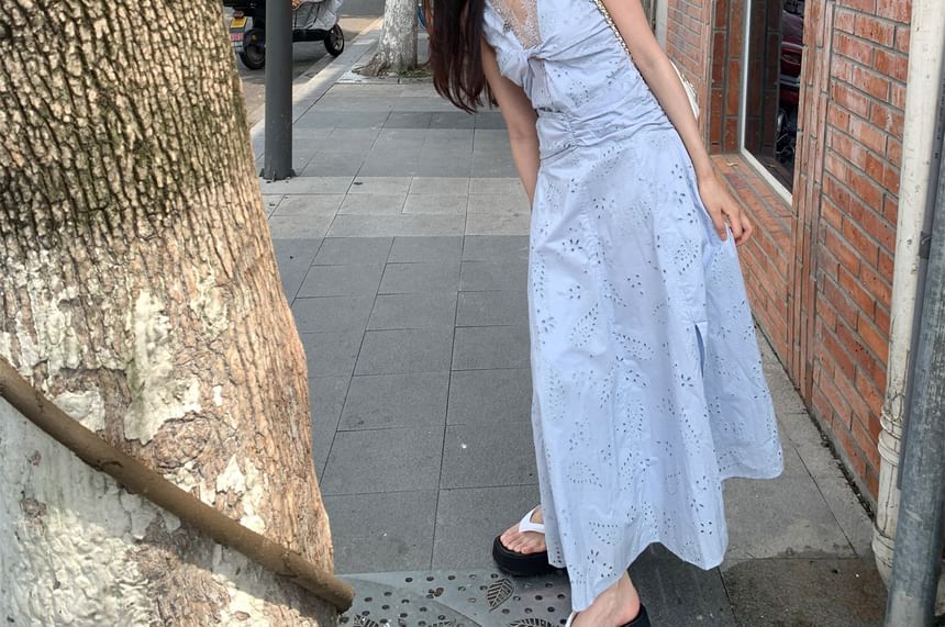 Sleeveless V-Neck Plain Pointelle Maxi A-Line Dress
