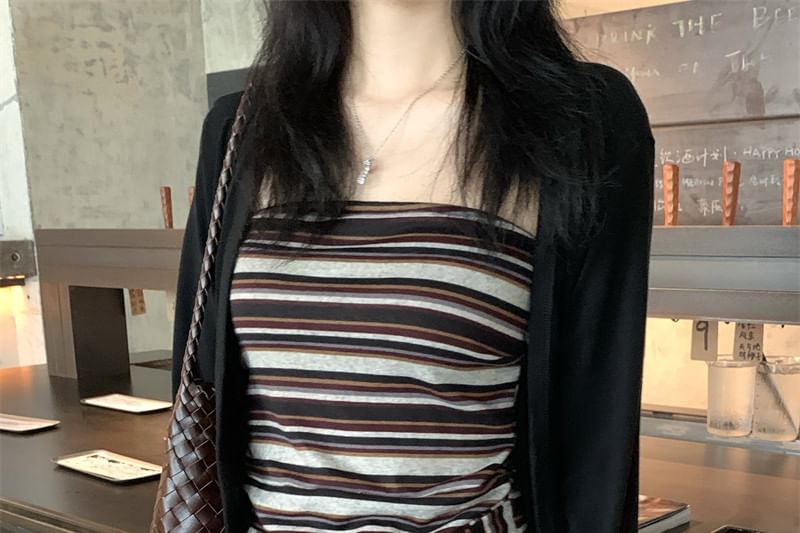 Set: Plain Crop Cardigan + Striped Tube Top
