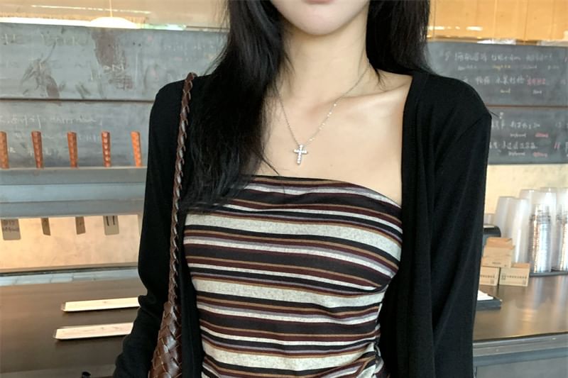 Set: Plain Crop Cardigan + Striped Tube Top