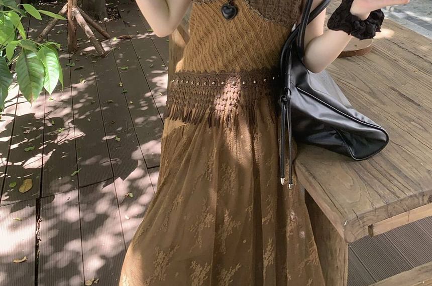 Sleeveless V-Neck Fringed Lace Maxi A-Line Dress