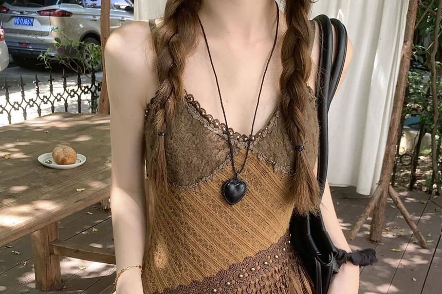 Sleeveless V-Neck Fringed Lace Maxi A-Line Dress