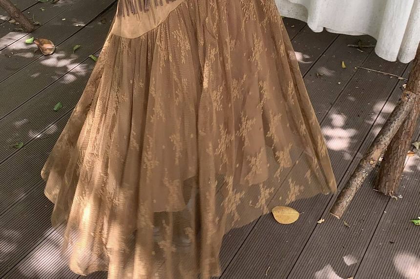 Sleeveless V-Neck Fringed Lace Maxi A-Line Dress